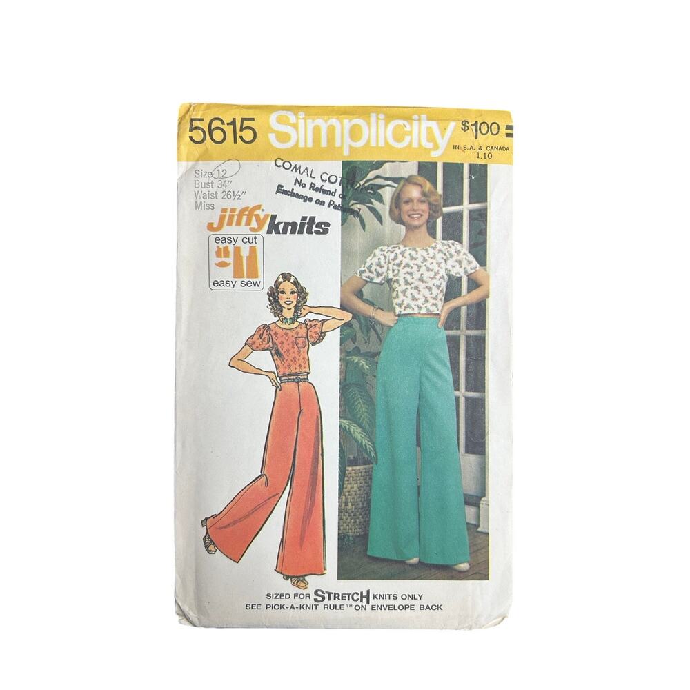 Vtg 70s Sewing Pattern-Simplicity Miss Stretch Knit Pant Pullover- Sz 12 uncut